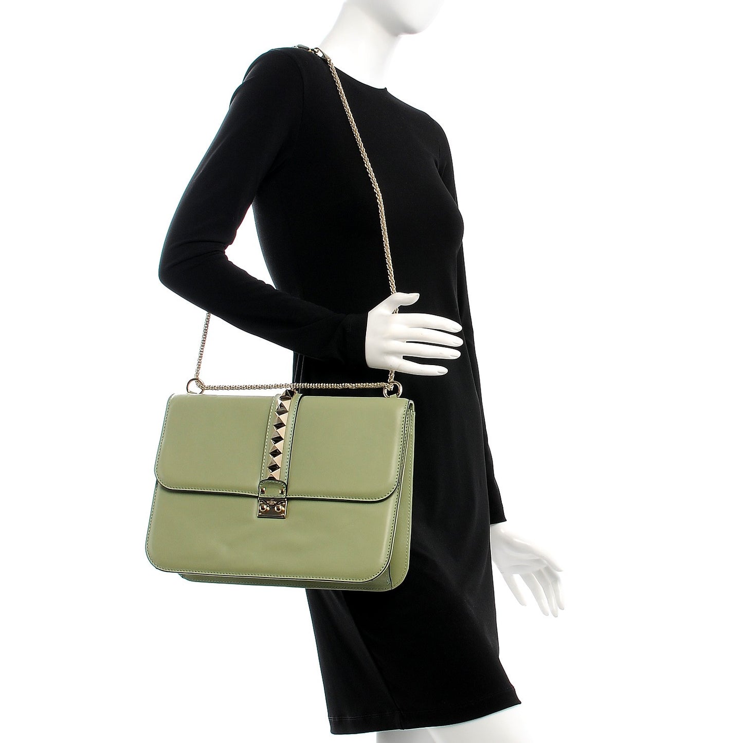 Vitello Large Glam Lock Rockstud Flap Light Green