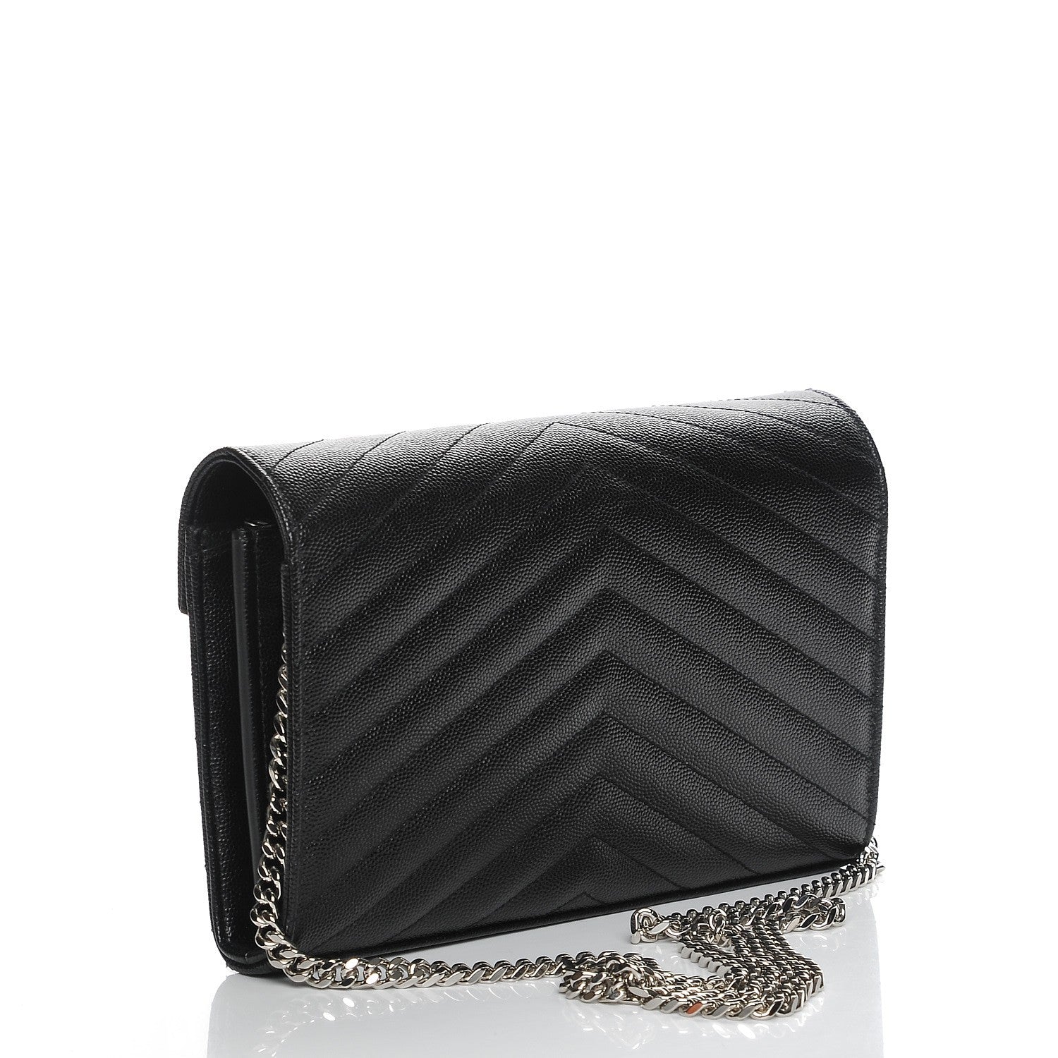 Saint Laurent Grain De Poudre Matelasse Chevron Monogram Chain Wallet Black 3 of 7