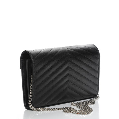 Saint Laurent Grain De Poudre Matelasse Chevron Monogram Chain Wallet Black 3 of 7