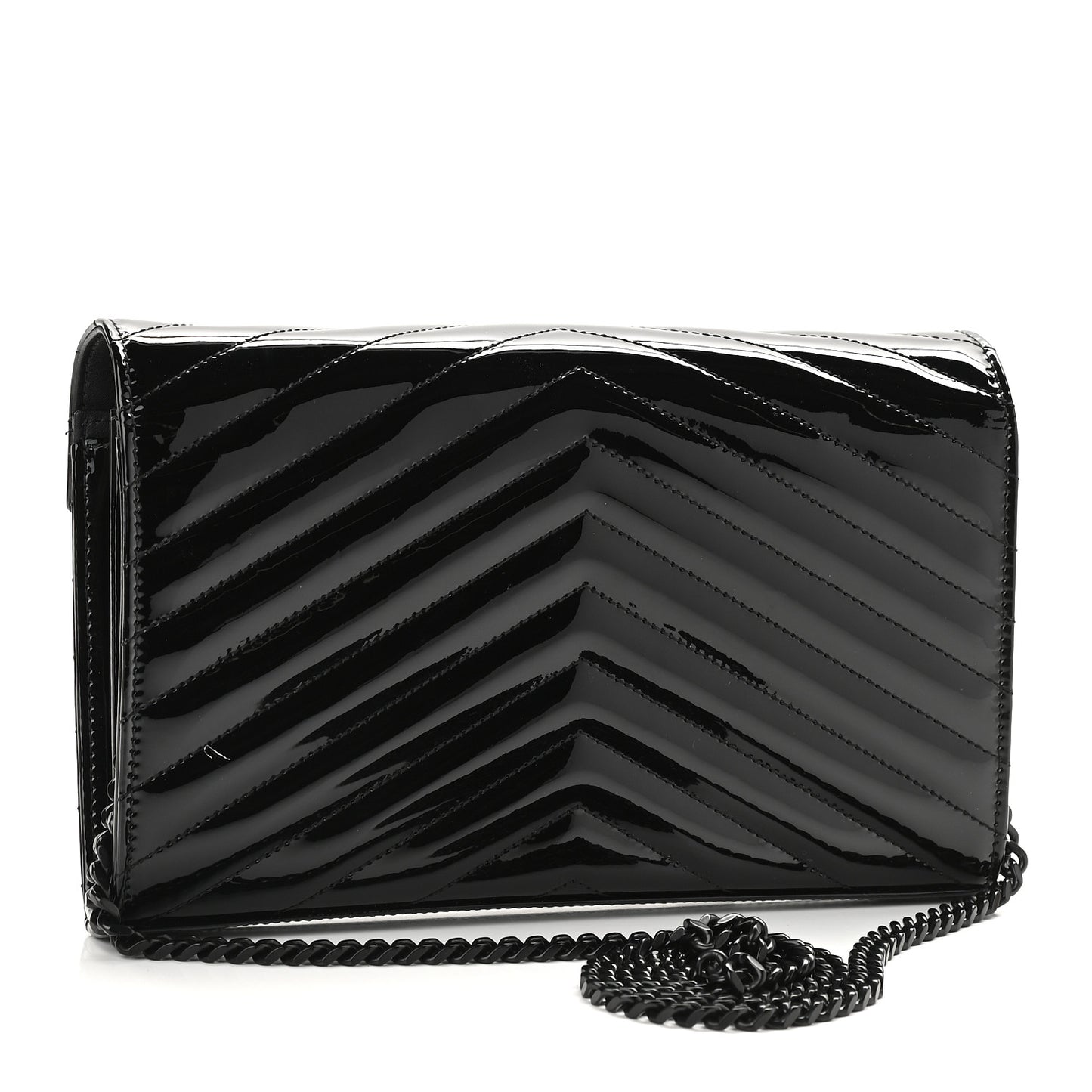 Patent Matelasse Chevron Monogram Chain Wallet Black