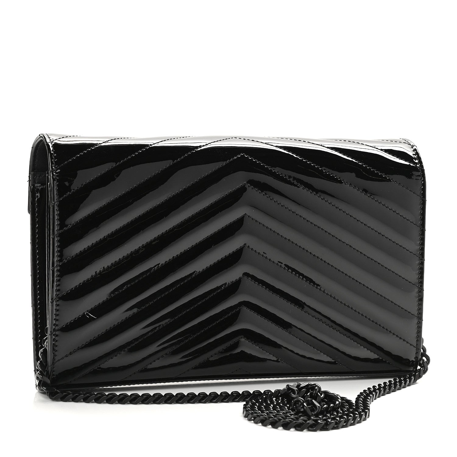 Saint Laurent Patent Matelasse Chevron Monogram Chain Wallet Black 3 of 8