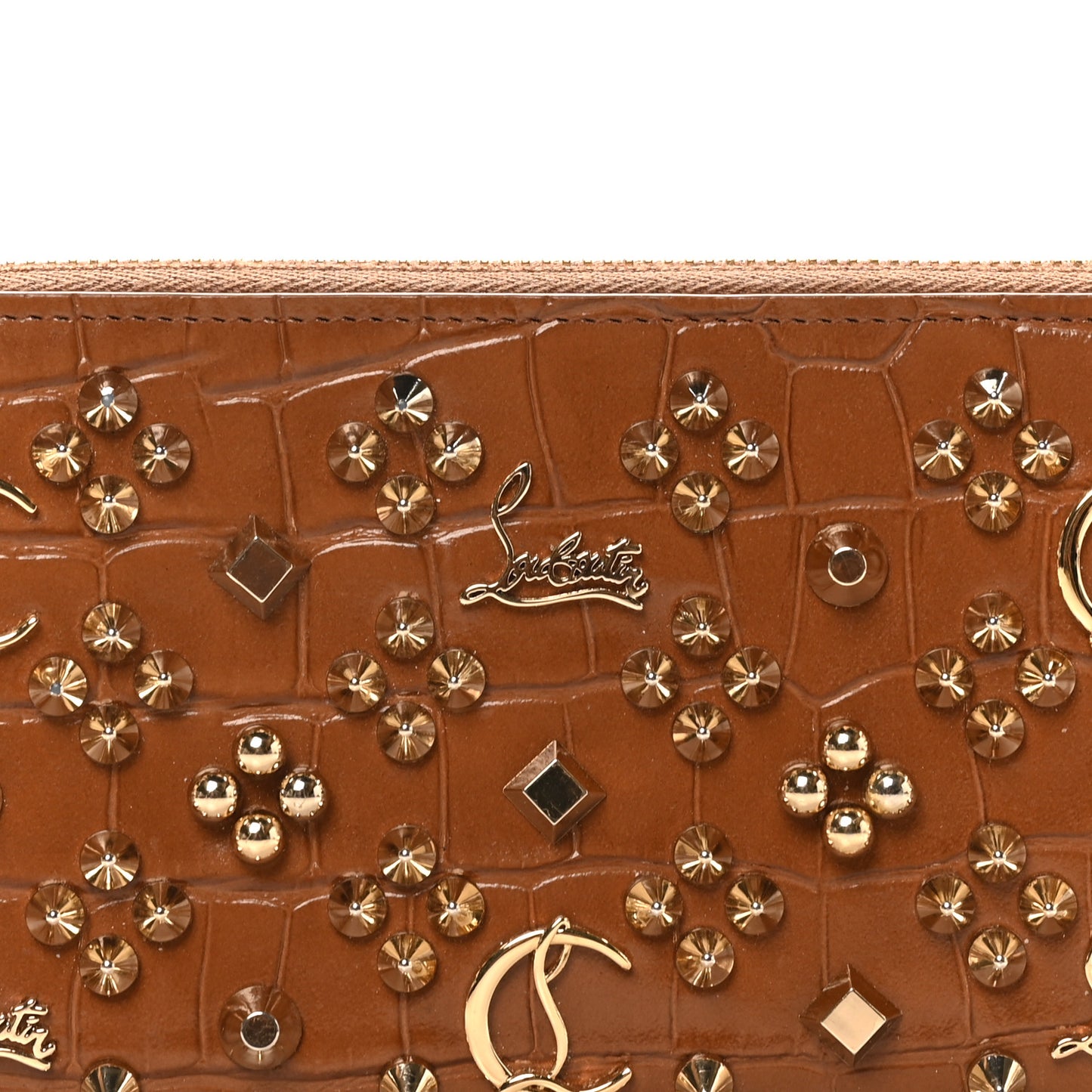 Calfskin Crocodile Embossed Loubinthesky Panettone Zip Around Wallet Biscotto Gold