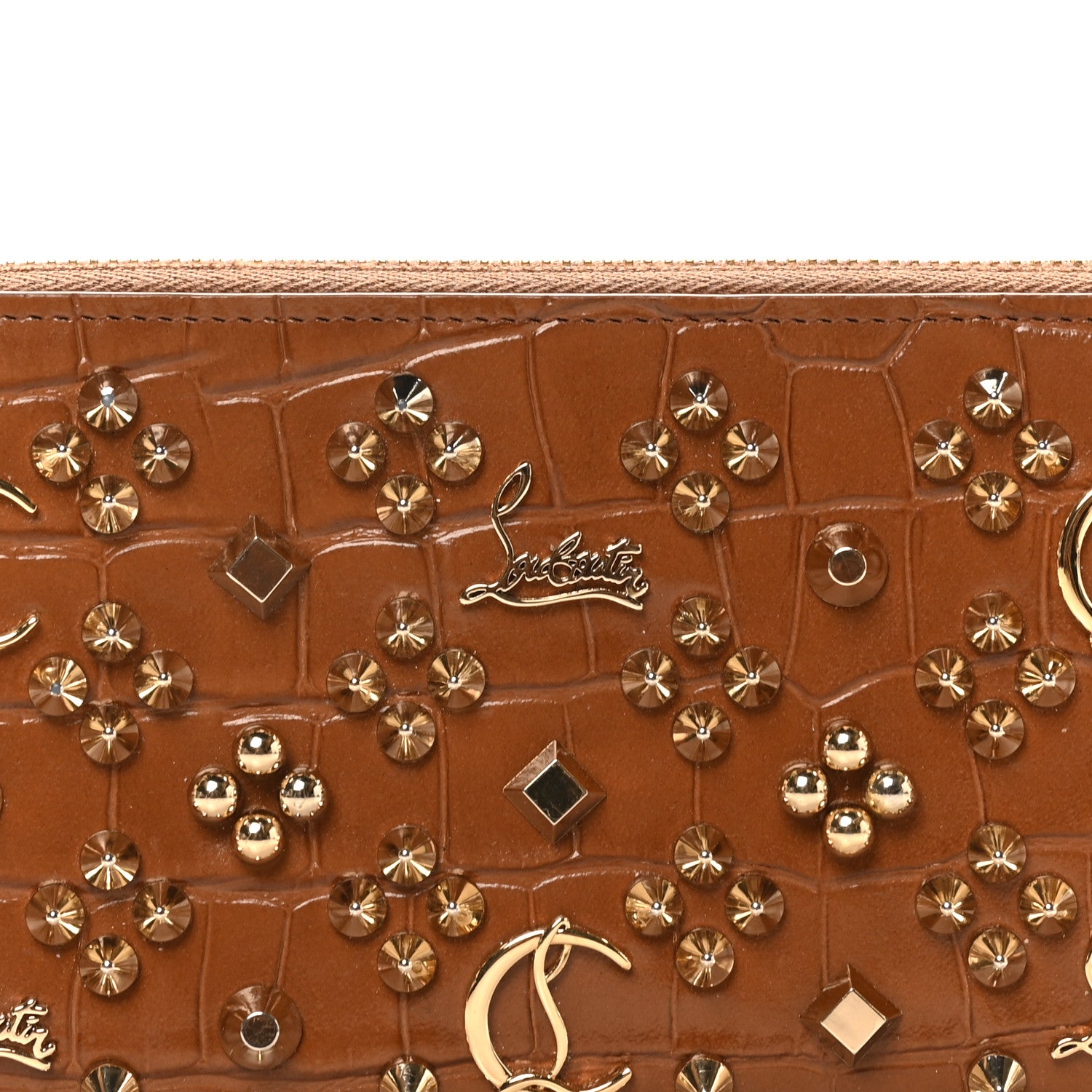 Christian Louboutin Calfskin Crocodile Embossed Loubinthesky Panettone Zip Around Wallet Biscotto Gold 7 of 8
