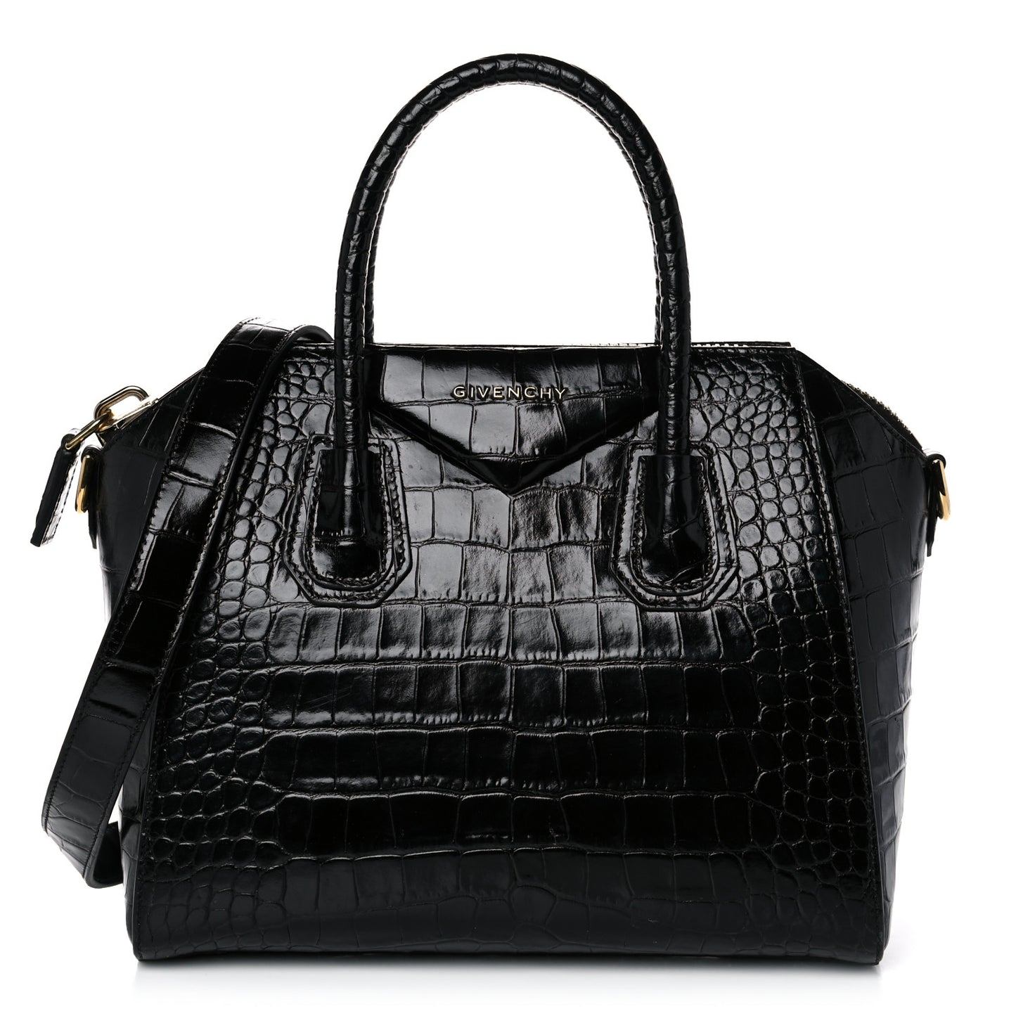 Calfskin Crocodile Embossed Small Antigona Black