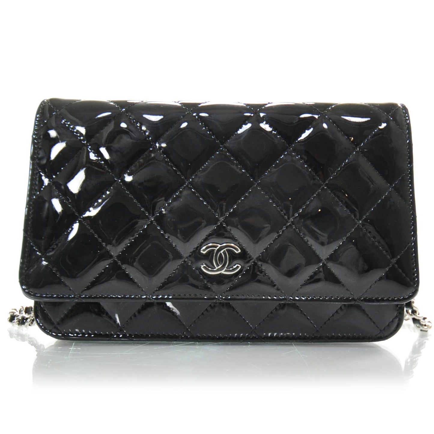 Patent Quilted Wallet On Chain Black