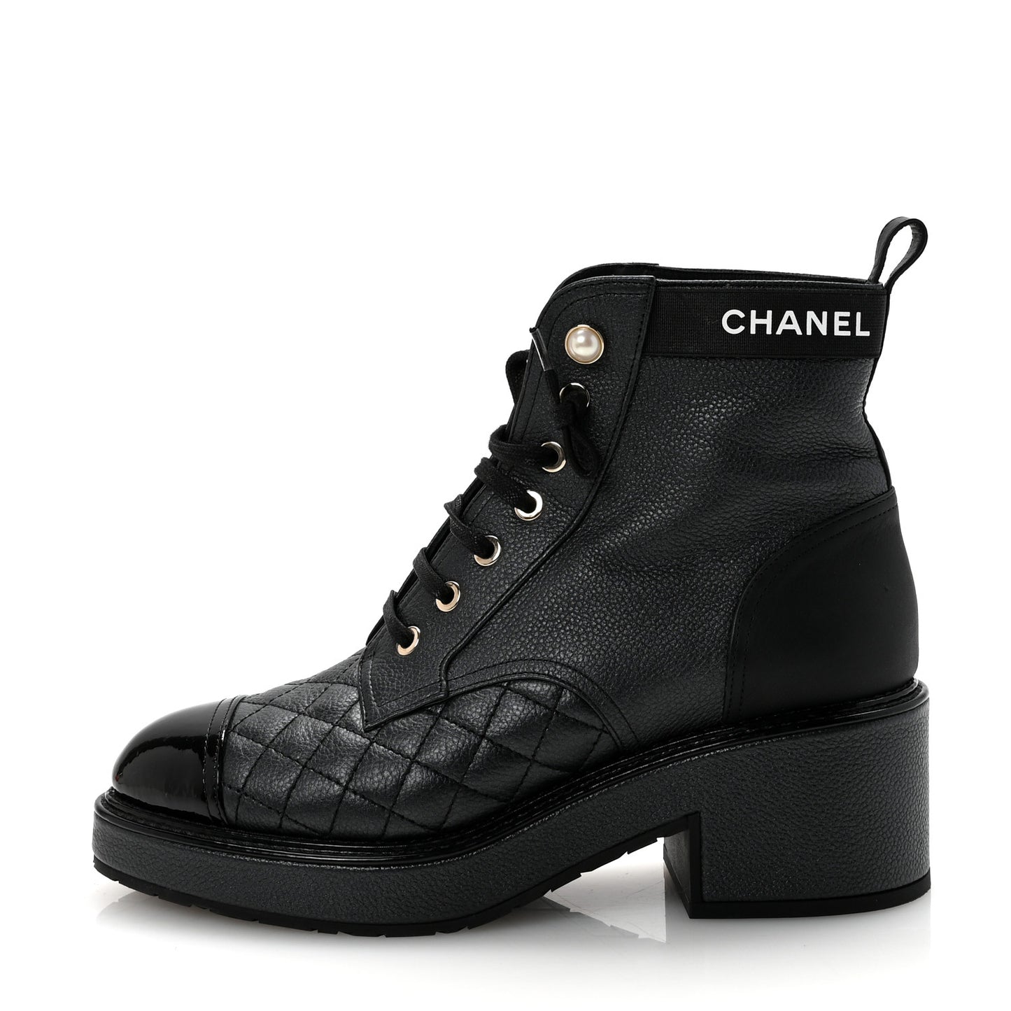 Pearly Calfskin Patent Calfskin Lace Up Combat Boots 37 Black