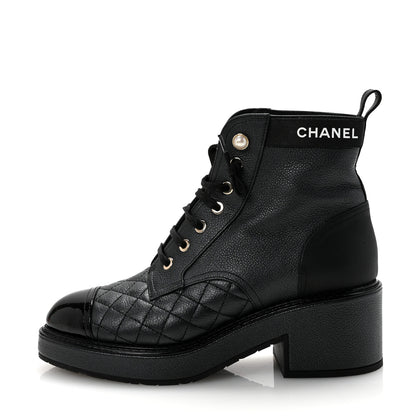 Chanel Pearly Calfskin Patent Calfskin Lace Up Combat Boots 37 Black 1 of 9