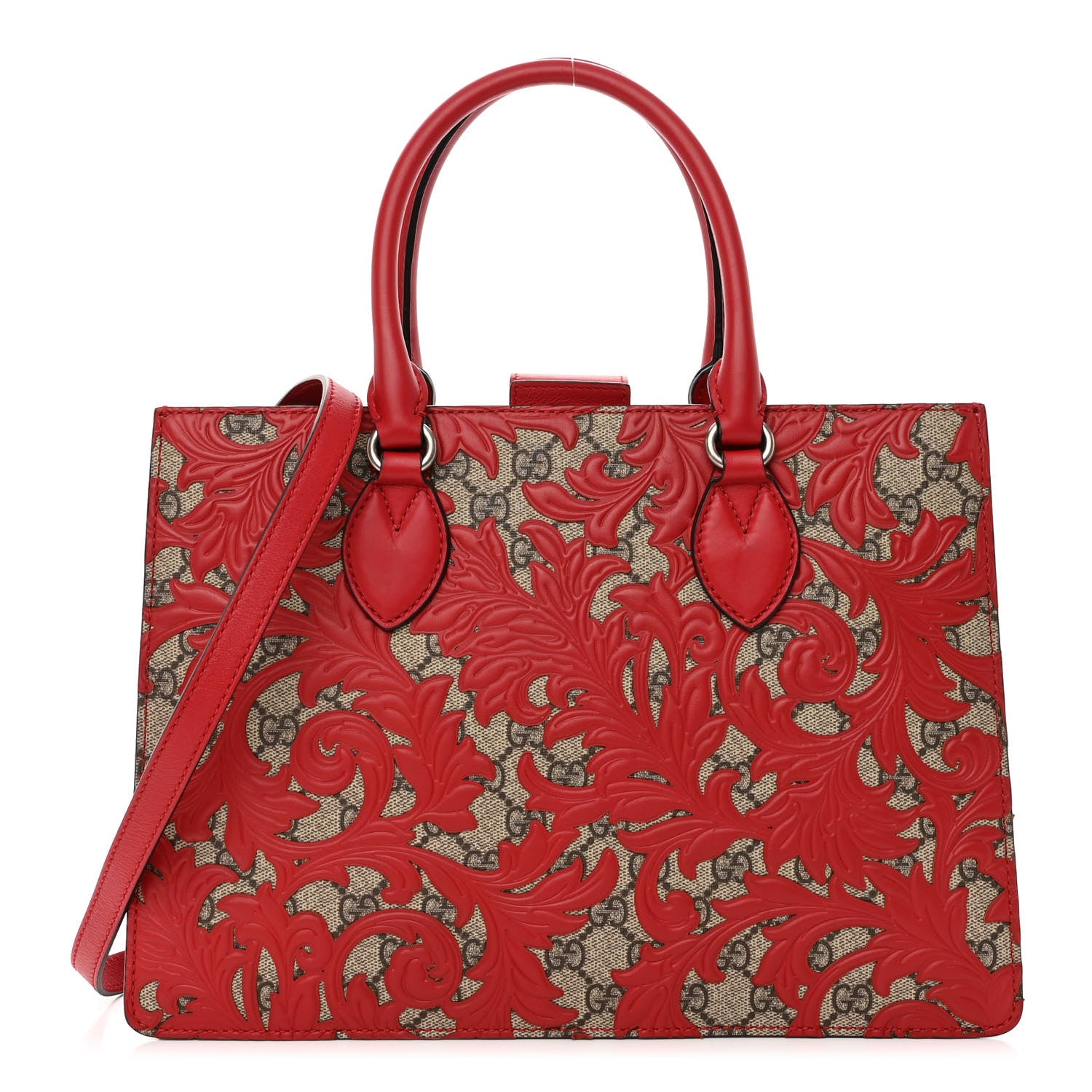 Gucci GG Supreme Monogram Arabesque Small Top Handle Bag Beige Hibiscus Red 1 of 10