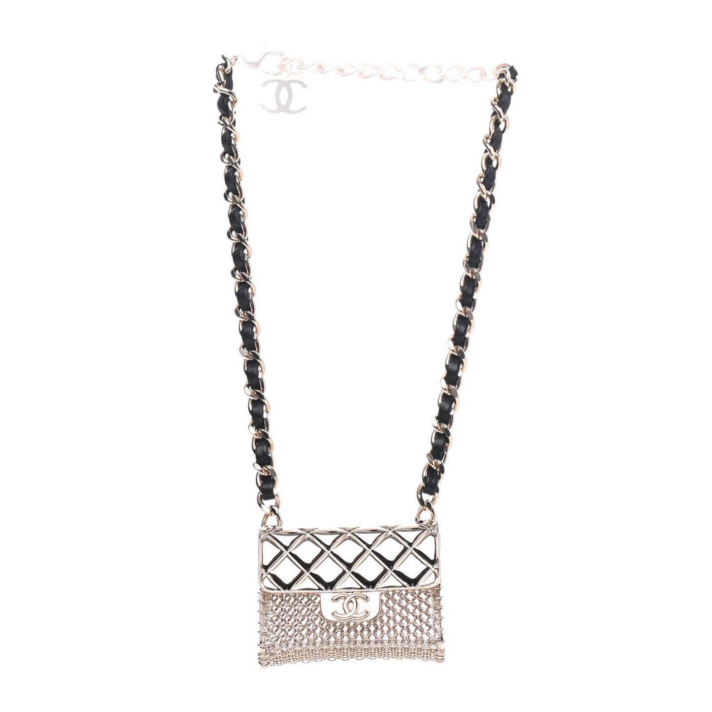 Metal Lambskin Chain Micro Bag Necklace Gold Black