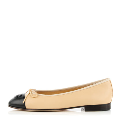 Chanel Lambskin Cap Toe CC Ballerina Flats 36.5 Beige Black 1 of 9