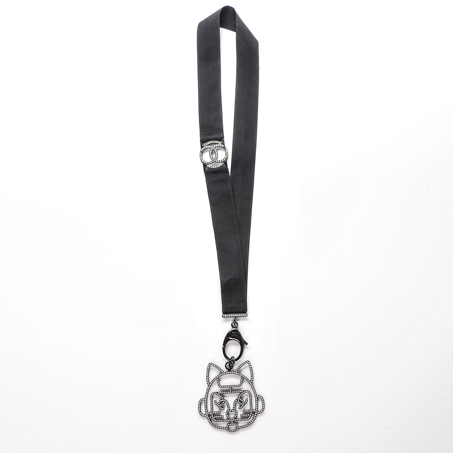 Chanel Crystal CC Emoji Robot Cat Lanyard Necklace Black Silver 6 of 7