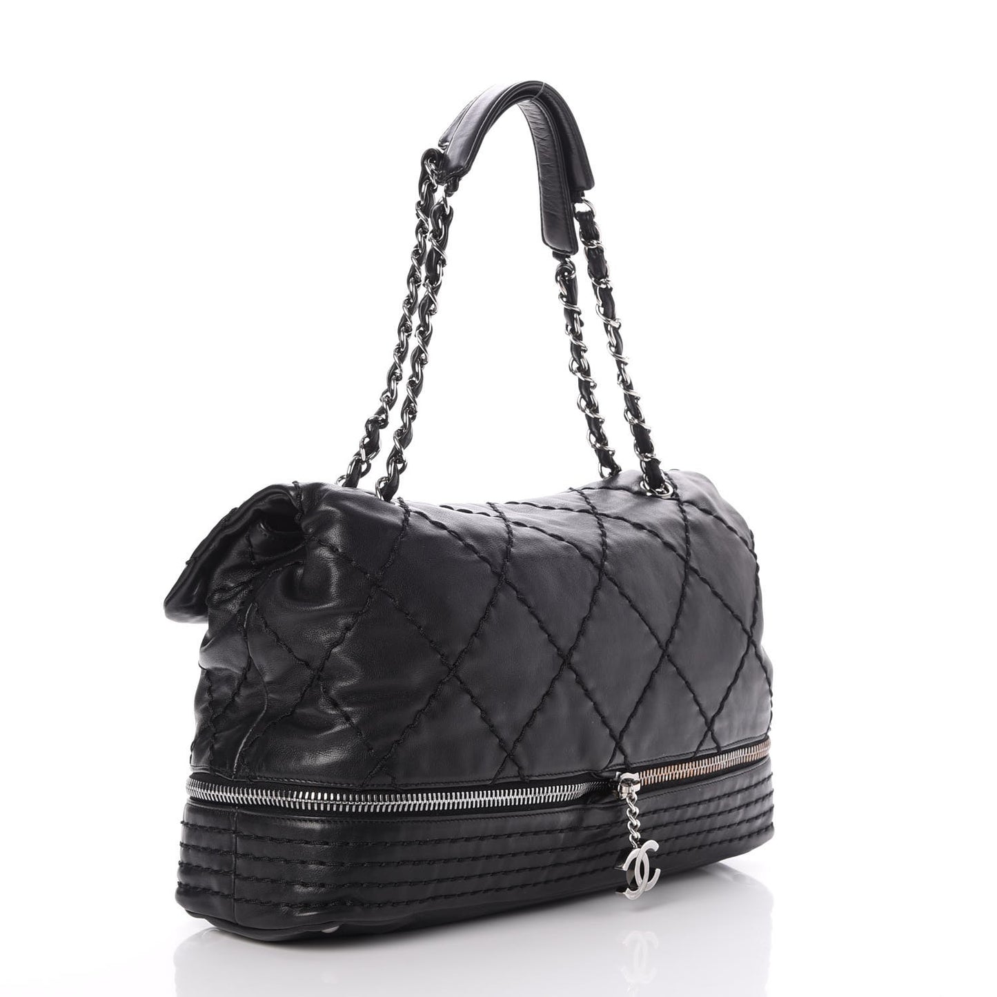 Calfskin Stitched Large Expandable Flap Bag Black