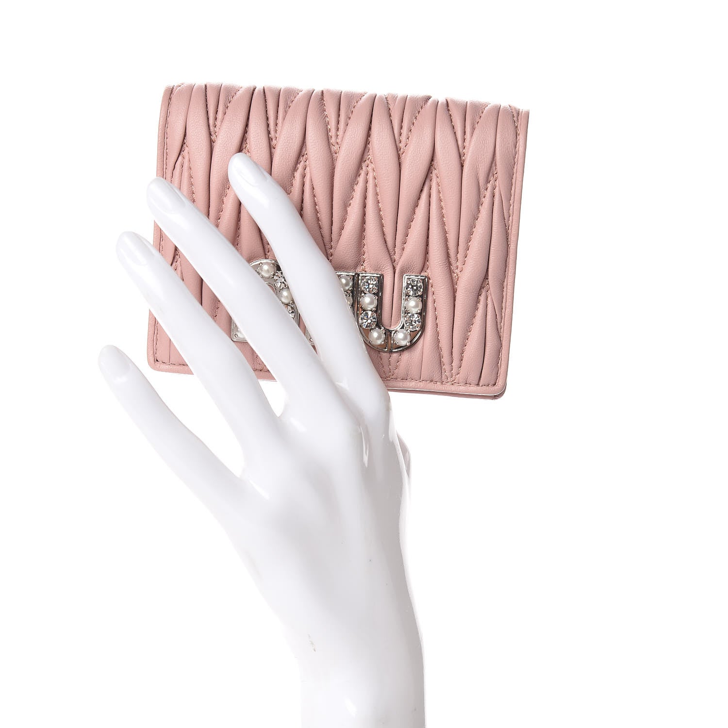 Miu Miu Nappa Matelasse Crystal Pearl Logo Compact Wallet Orchidea 2 of 8