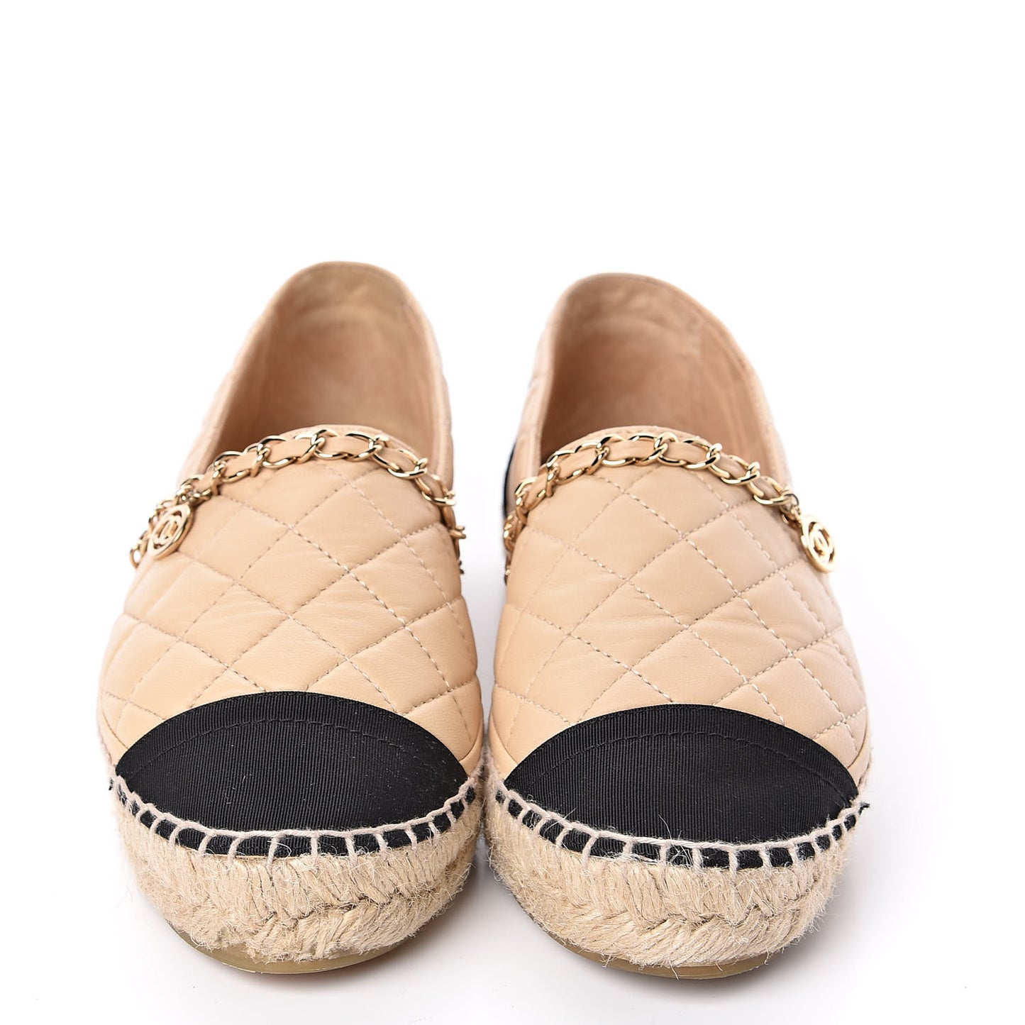 Lambskin Grosgrain Quilted CC Chain Espadrilles 35 Beige Black