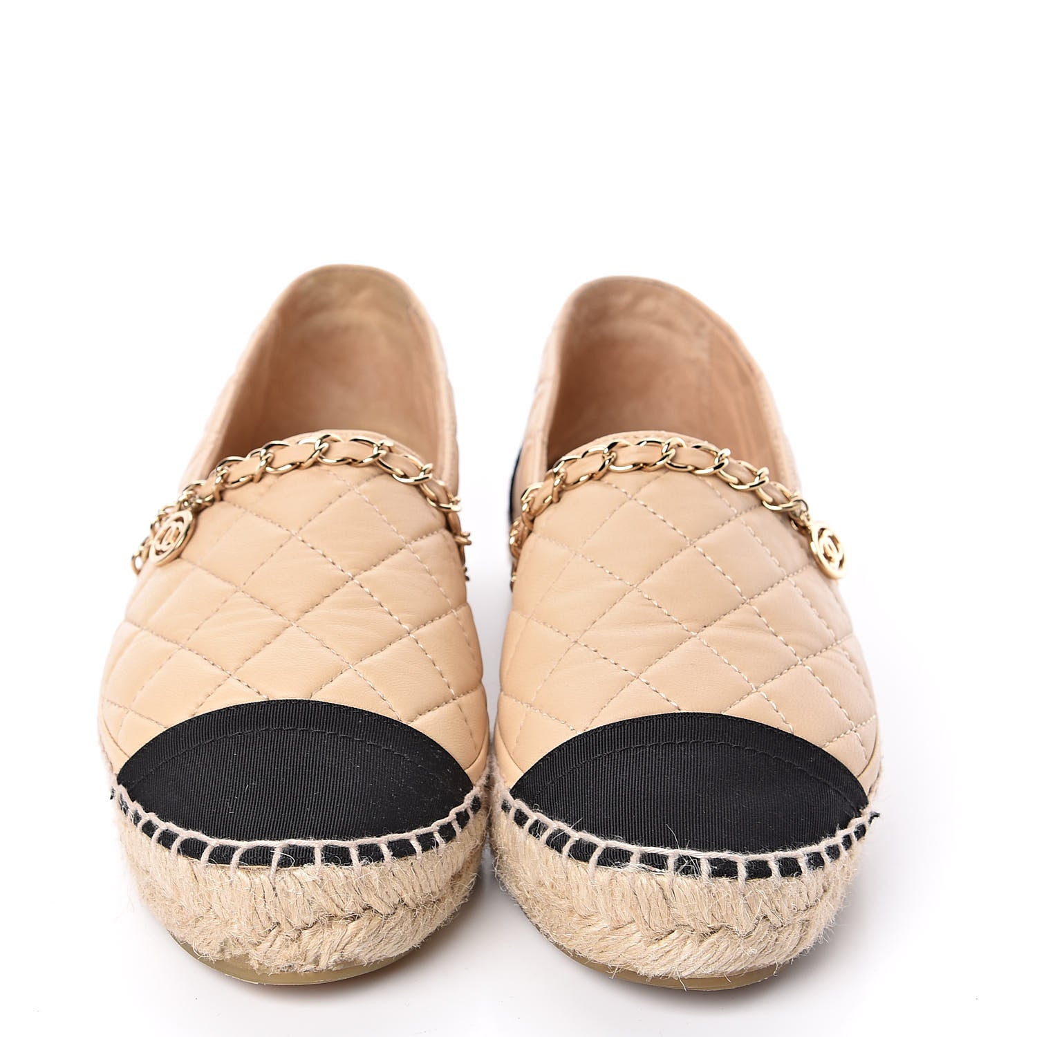 Chanel Lambskin Grosgrain Quilted CC Chain Espadrilles 35 Beige Black 2 of 11