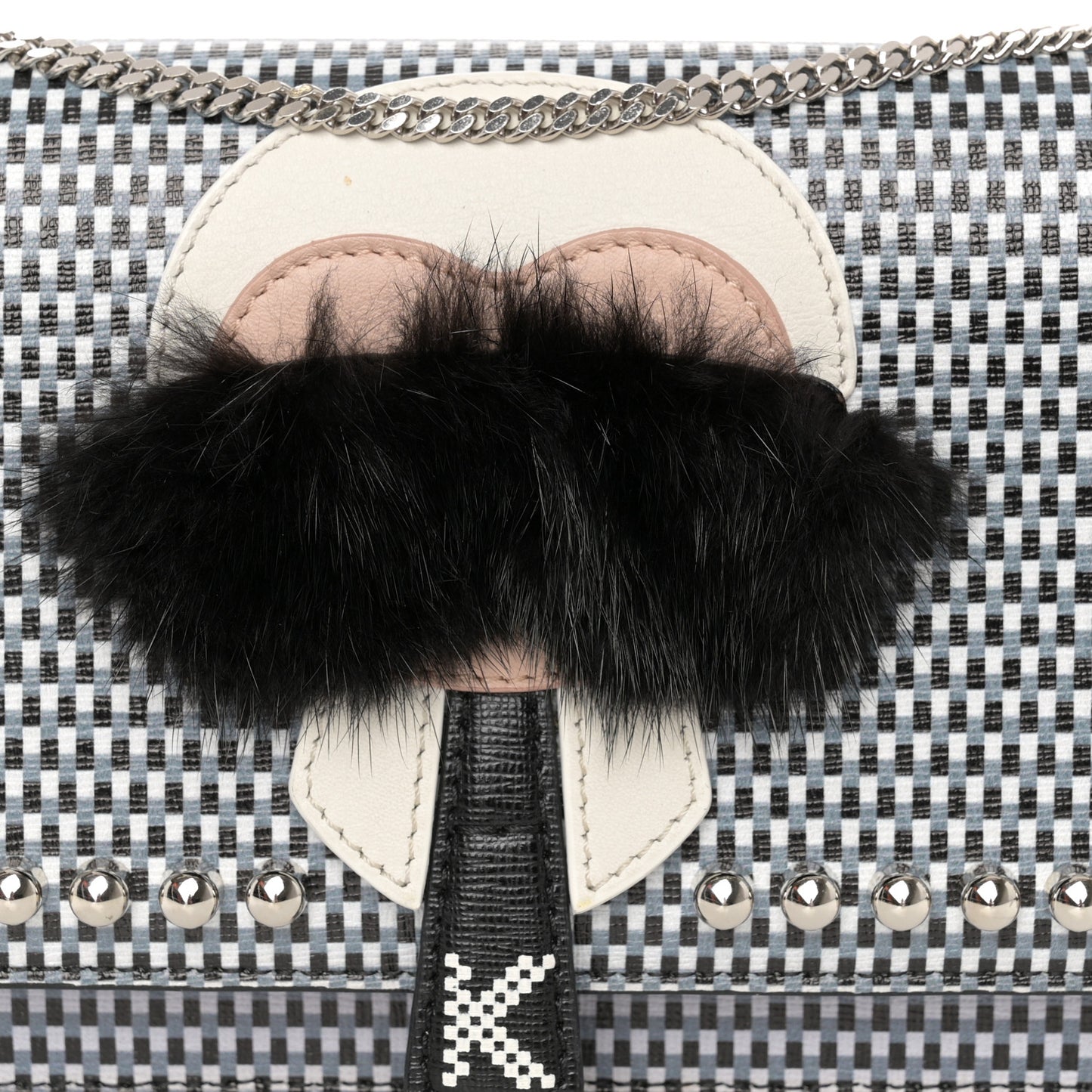 Vitello Elite Mink Fur Studded Karlito Tube Wallet On Chain Black White