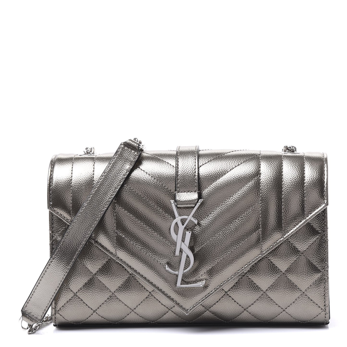 Metallic Grain De Poudre Textured Mixed Matelasse Triquilt Small Monogram Satchel Piombo