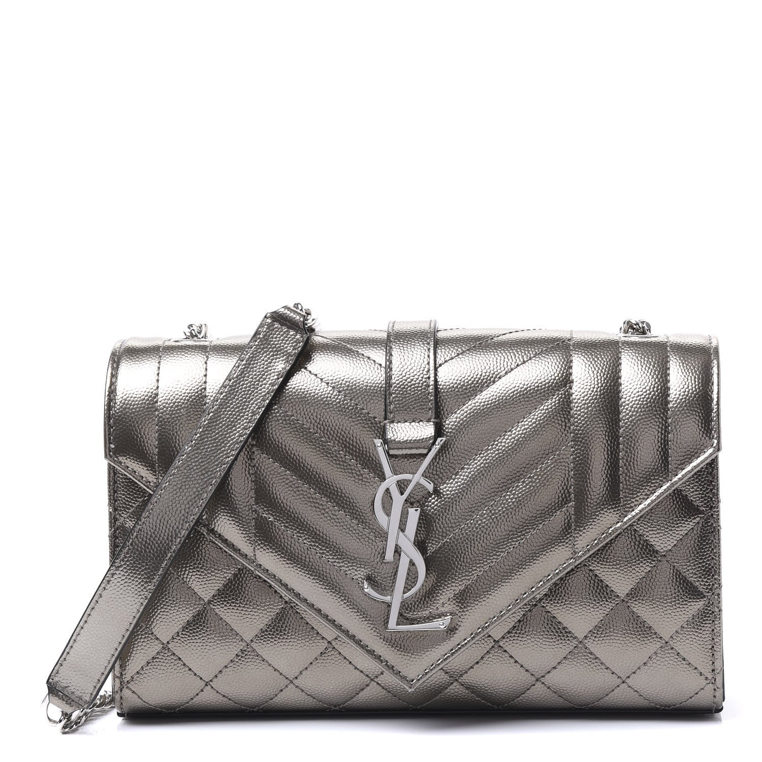 Saint Laurent Metallic Grain De Poudre Textured Mixed Matelasse Triquilt Small Monogram Satchel Piombo 1 of 8