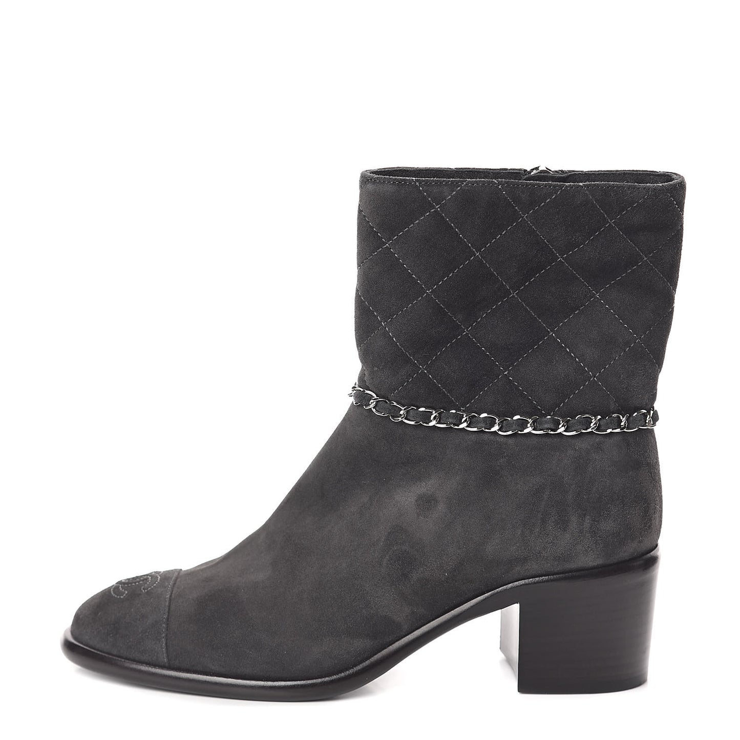 Suede Calfskin Chain CC Cap Toe Short Boots 37.5 Dark Grey