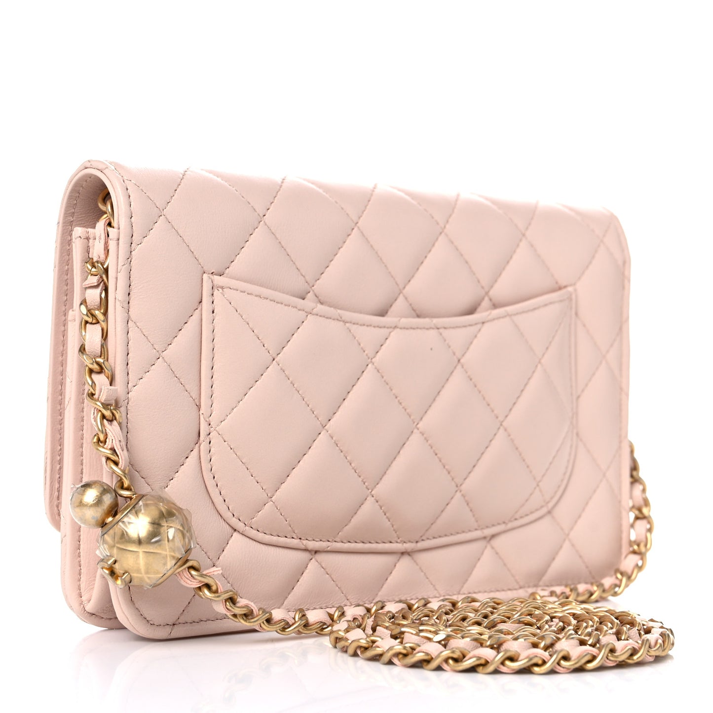 Lambskin Quilted CC Pearl Crush Wallet on Chain WOC Light Beige