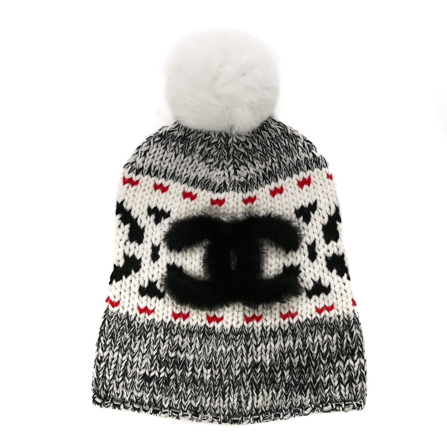 Wool Shearling CC Beanie Hat Ivory Black Red