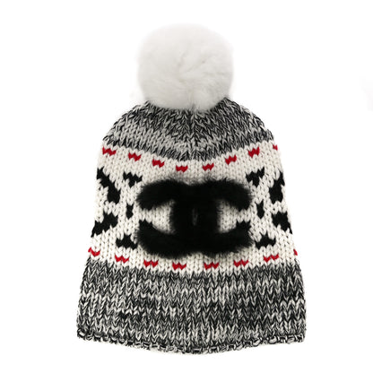 Chanel Wool Shearling CC Beanie Hat Ivory Black Red 1 of 7