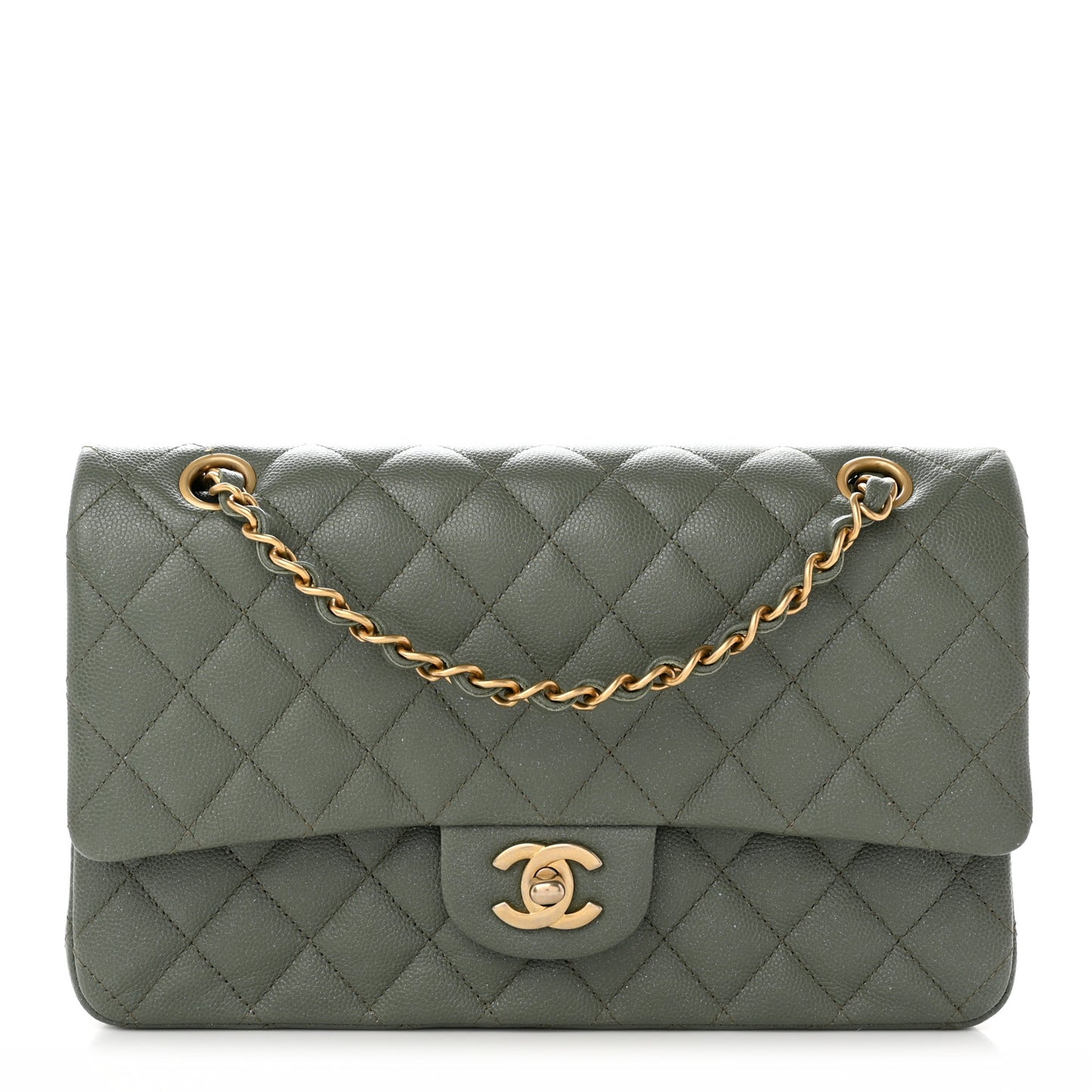 Iridescent Caviar Quilted Medium Double Flap Light Green