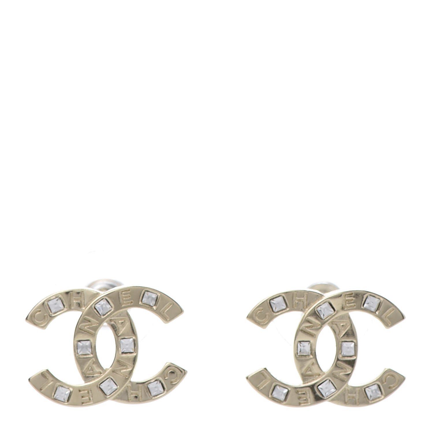 Chanel Crystal Metal CC Paris Button Stud Earrings Gold 1 of 5