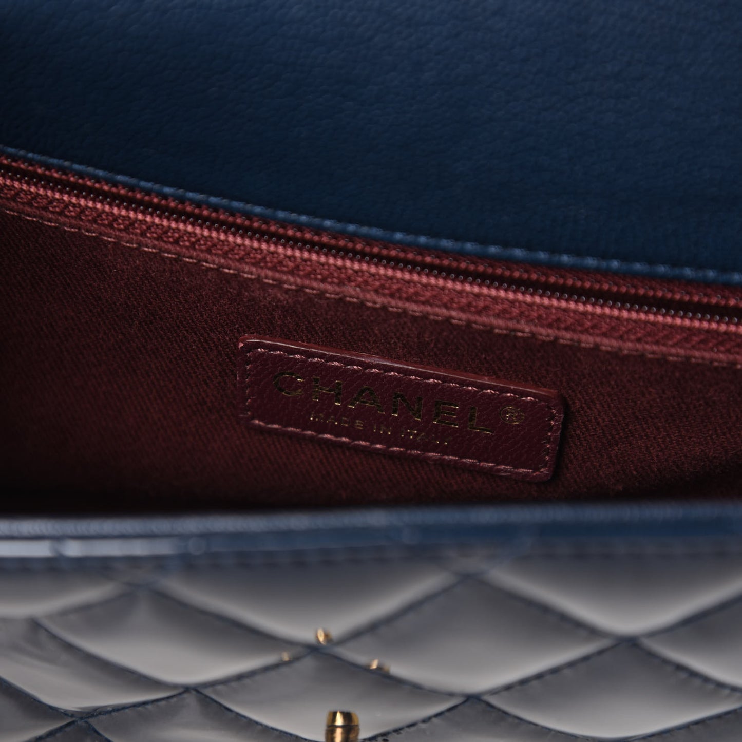 Patent Goatskin Quilted Medium CC Eyelet Flap Blue