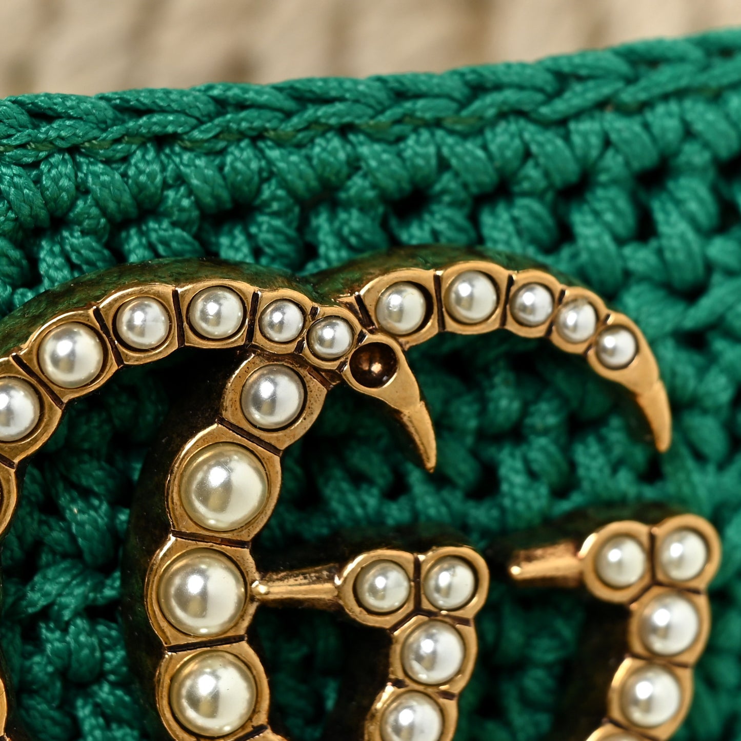 Cotton Malaga Kid Crochet Pearly GG Lilibeth Espadrille Platform Sandals 39.5 Emerald