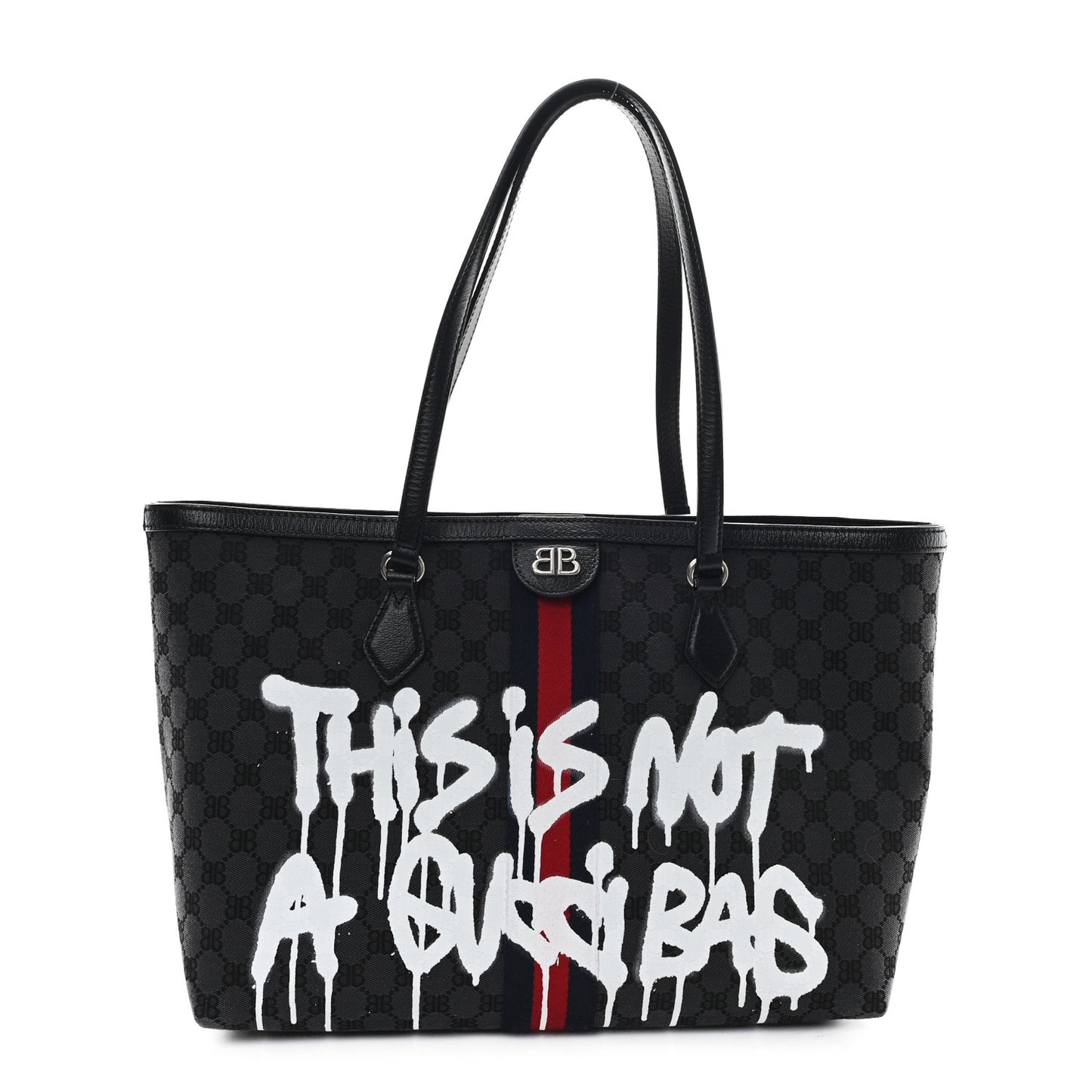X BALENCIAGA BB Monogram Web Graffiti Medium Ophidia Shopping Tote Black