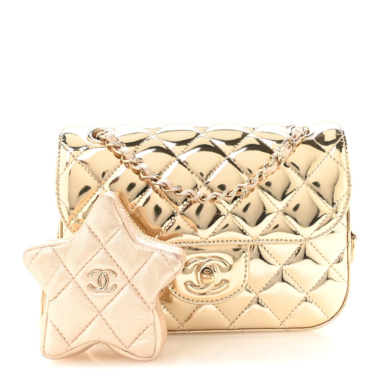 Mirror Calfskin Metallic Calfskin Quilted Hollywood Boulevard Mini Flap With Star Coin Purse Gold