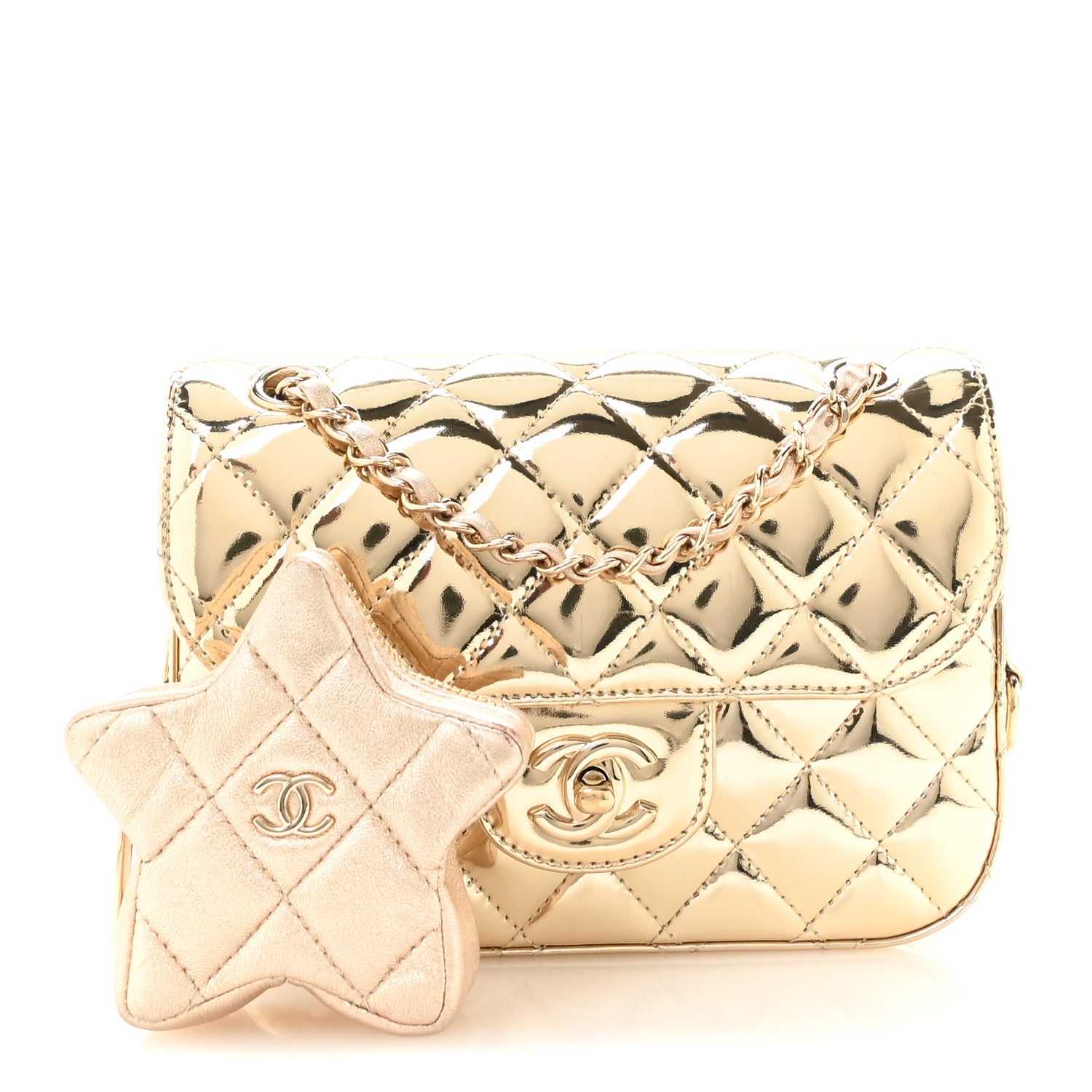 Chanel Mirror Calfskin Metallic Calfskin Quilted Hollywood Boulevard Mini Flap With Star Coin Purse Gold 2 of 11