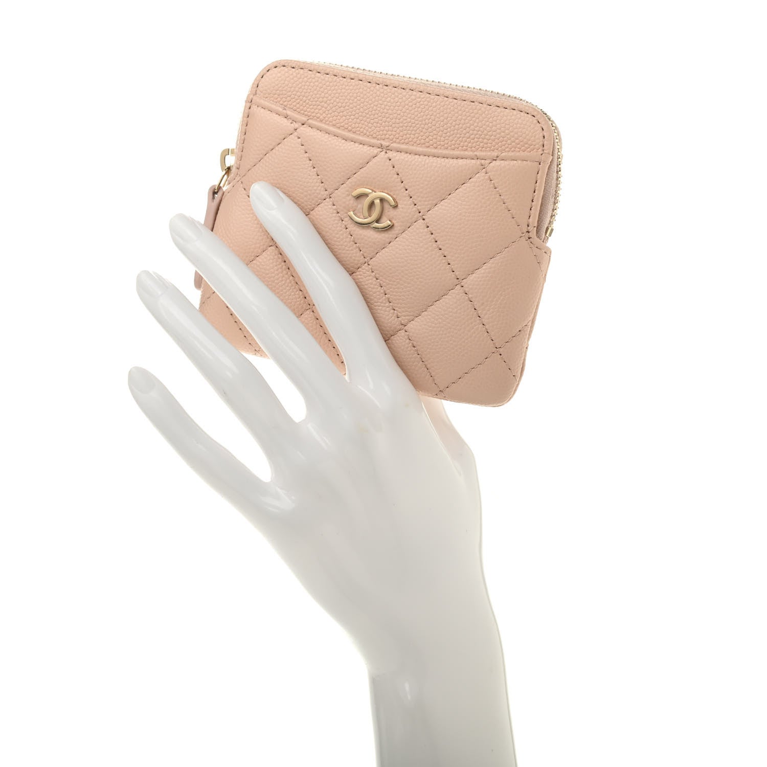 Chanel Caviar Quilted Zip Card Holder Wallet Light Beige 2 of 8