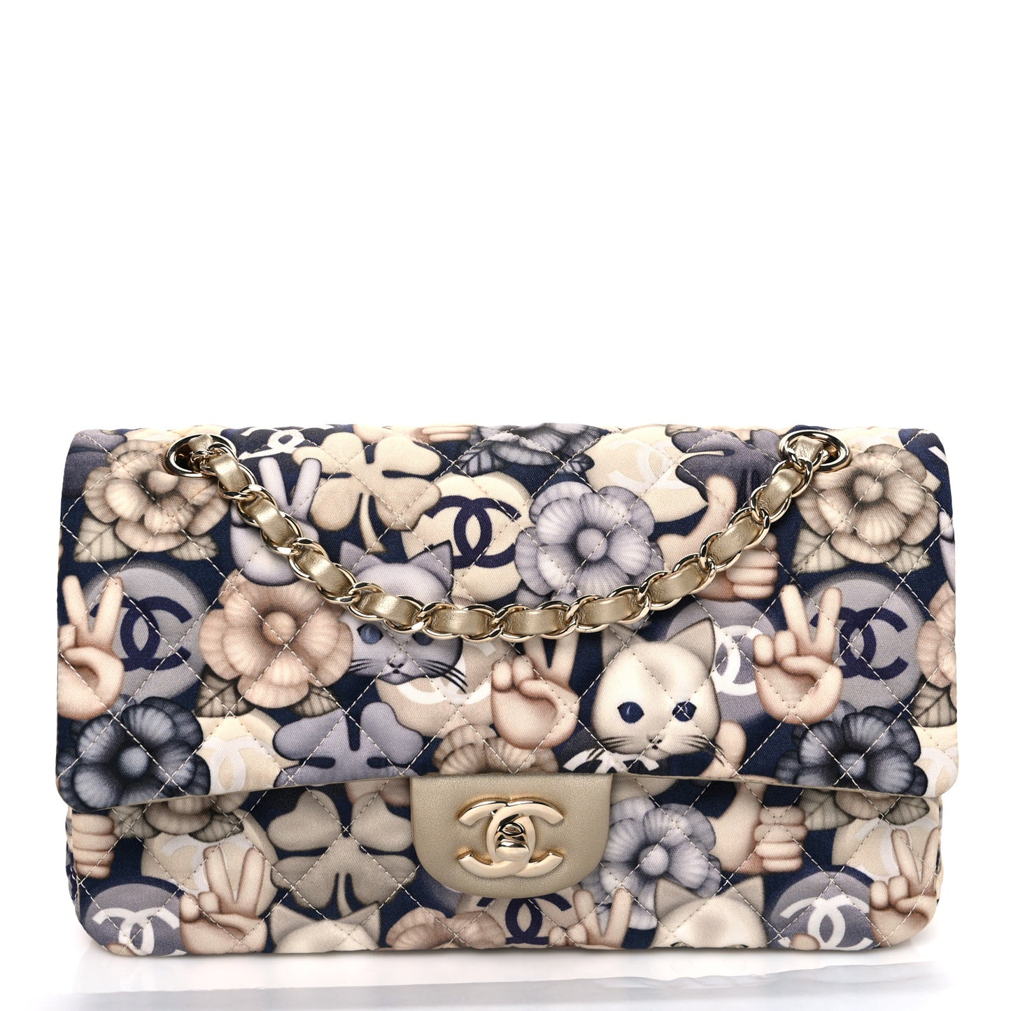 Nylon Quilted Medium Cat Emoticon Double Flap Navy Grey Ecru