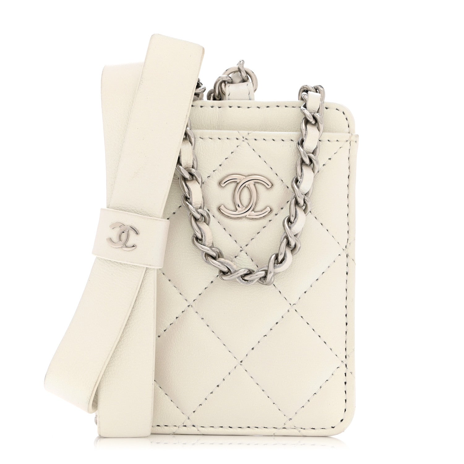 Chanel Iridescent Lambskin Quilted Coco Bow Card Holder On Chain White 1 of 9