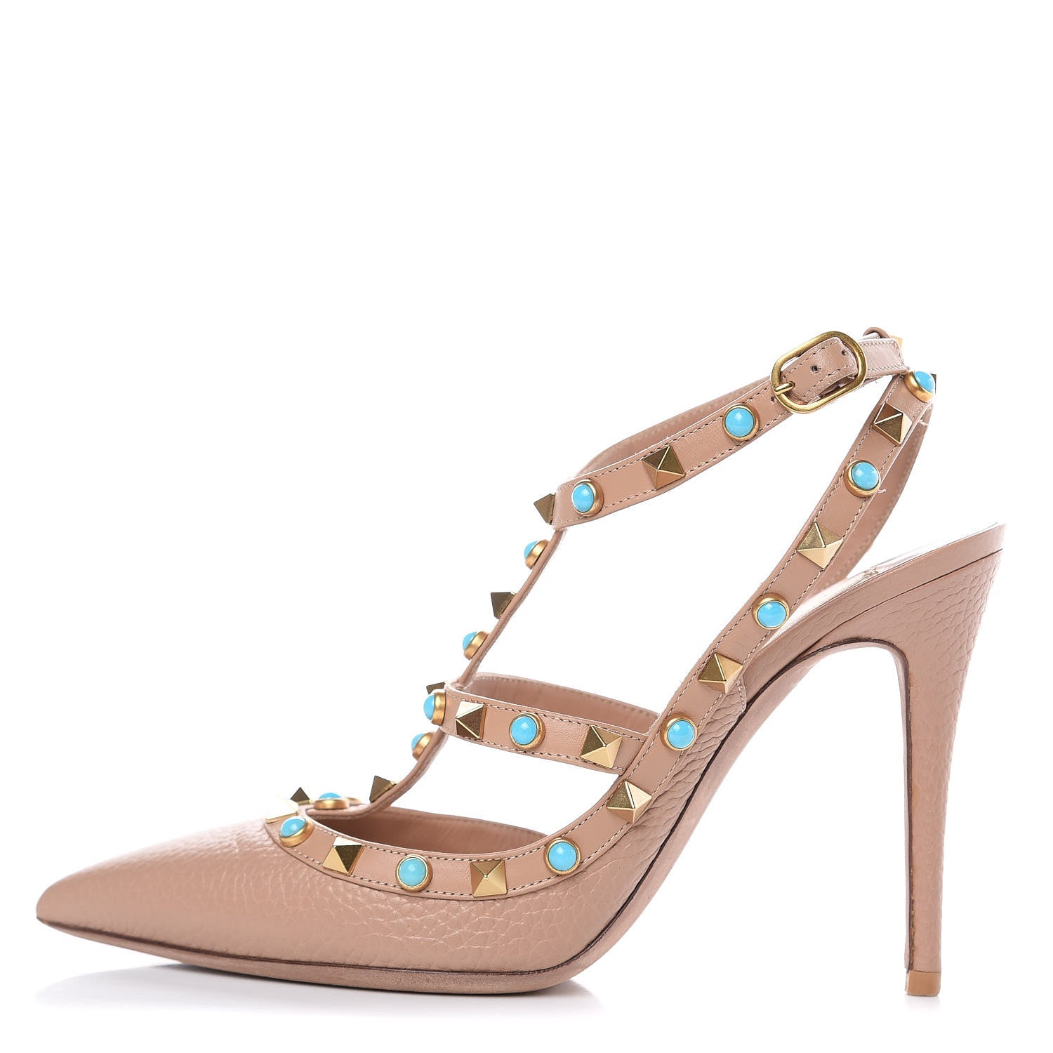 Valentino Garavani Pebbled Calfskin Rockstud Rolling Ankle Strap 100mm Pumps 38 Soft Noisette 1 of 9
