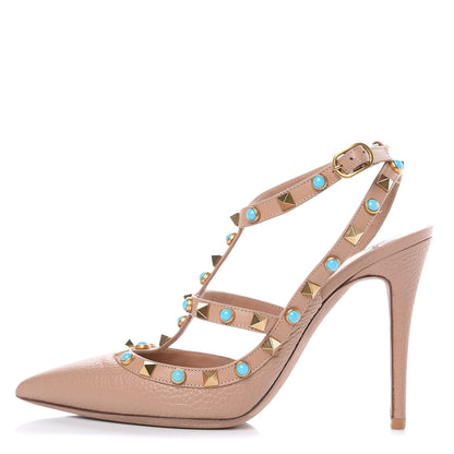 Valentino Garavani Pebbled Calfskin Rockstud Rolling Ankle Strap 100mm Pumps 38 Soft Noisette 1 of 9