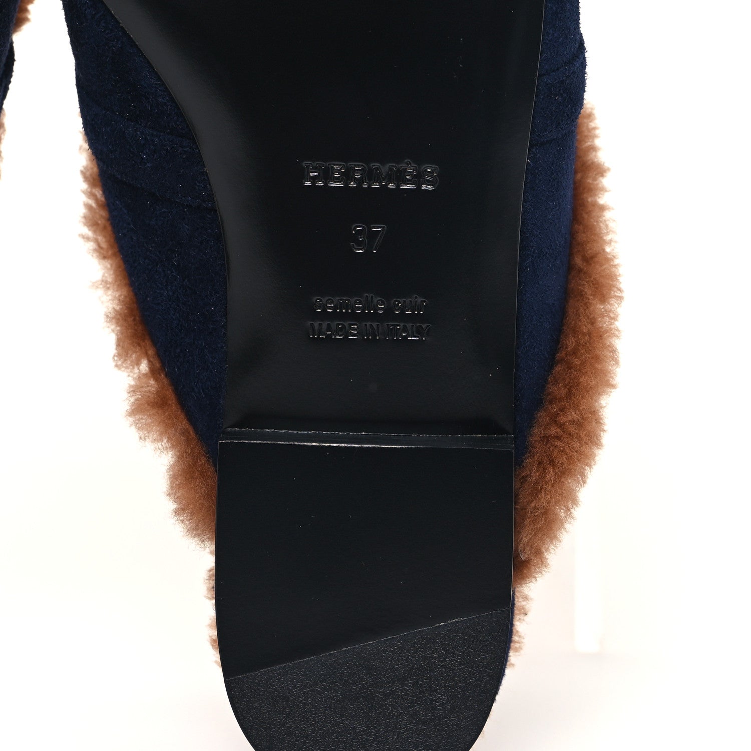 Hermes Suede Goatskin Woolskin Womens Oz Mules 37 Marine Gold 7 of 9