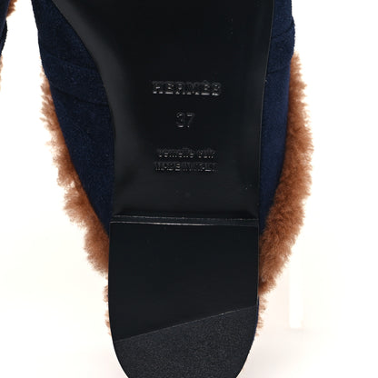 Hermes Suede Goatskin Woolskin Womens Oz Mules 37 Marine Gold 7 of 9