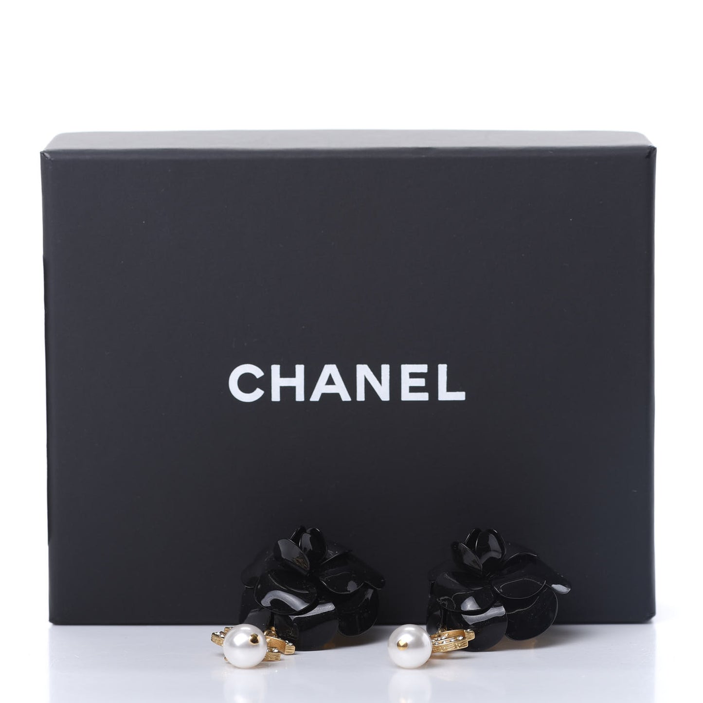 Enamel Crystal Pearl CC Camellia Drop Earrings Black Gold