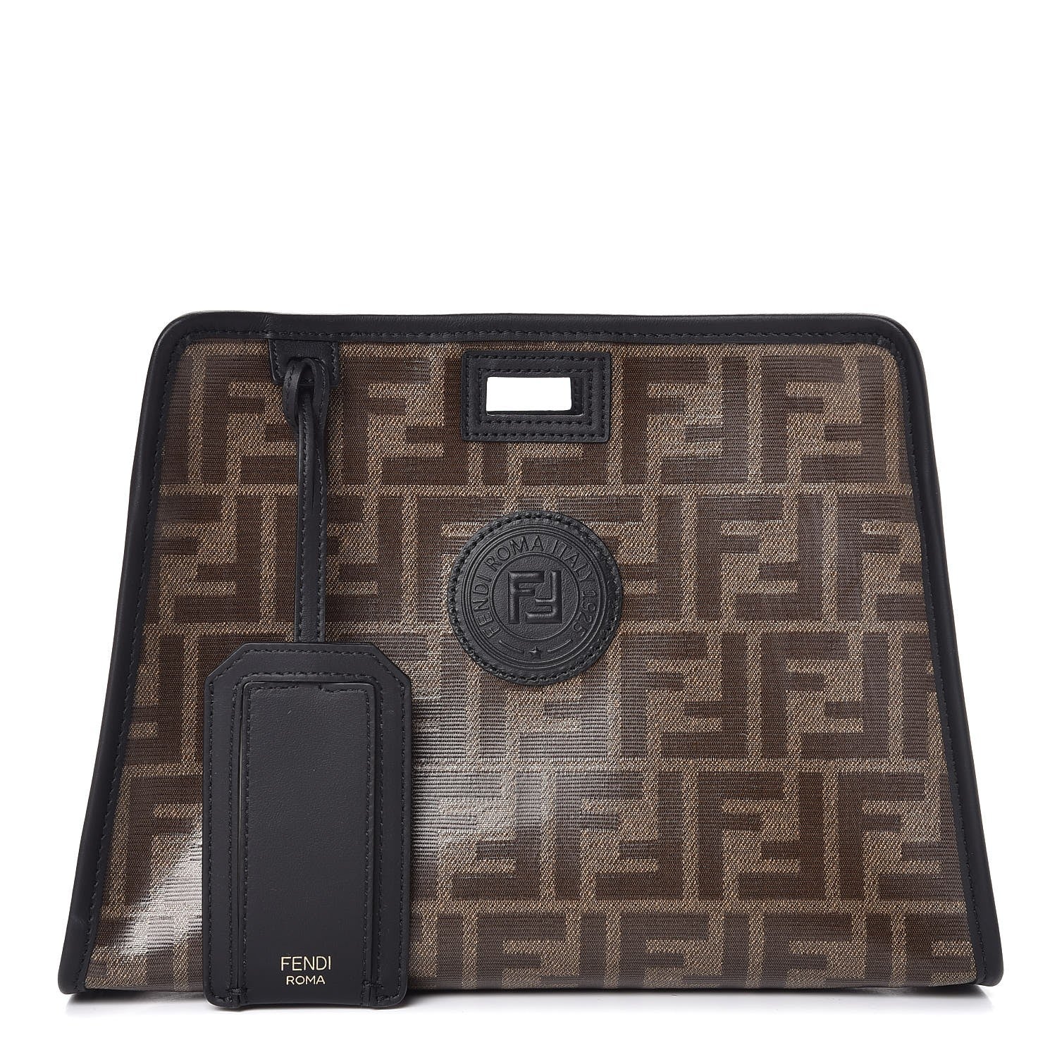 Fendi Glazed Fabric Vitello Century FF 1974 Stamp Patch Mini Peekaboo Defender Cover Mogano Panna Black 1 of 8