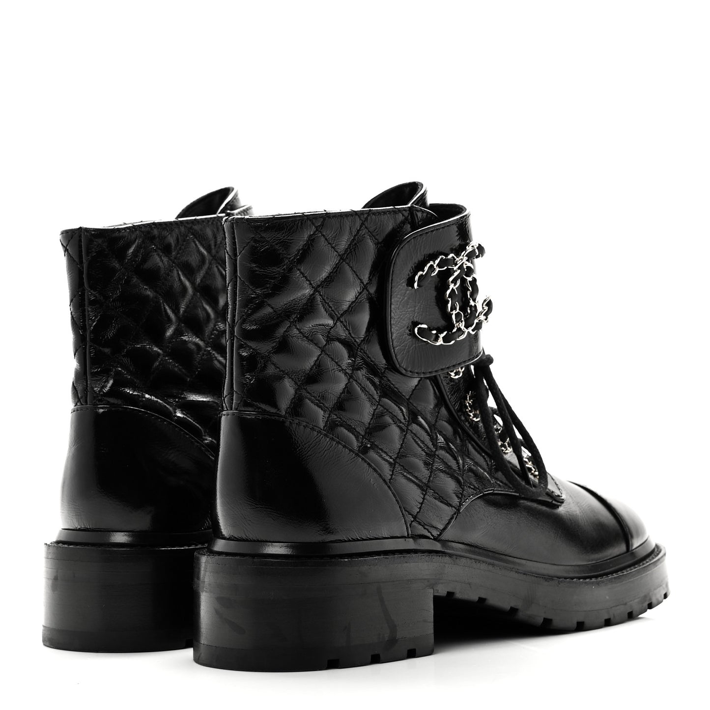 Shiny Lambskin Quilted Lace Up Combat Boots 38.5 Black
