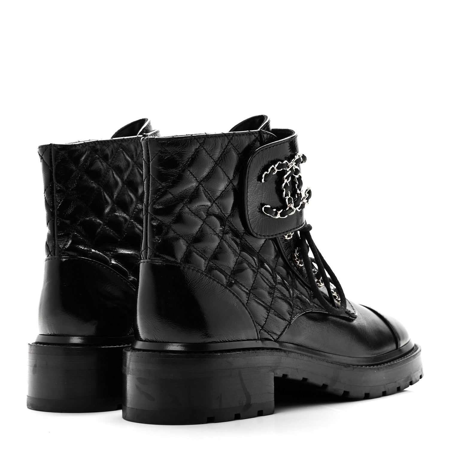 Chanel Shiny Lambskin Quilted Lace Up Combat Boots 38.5 Black 4 of 8