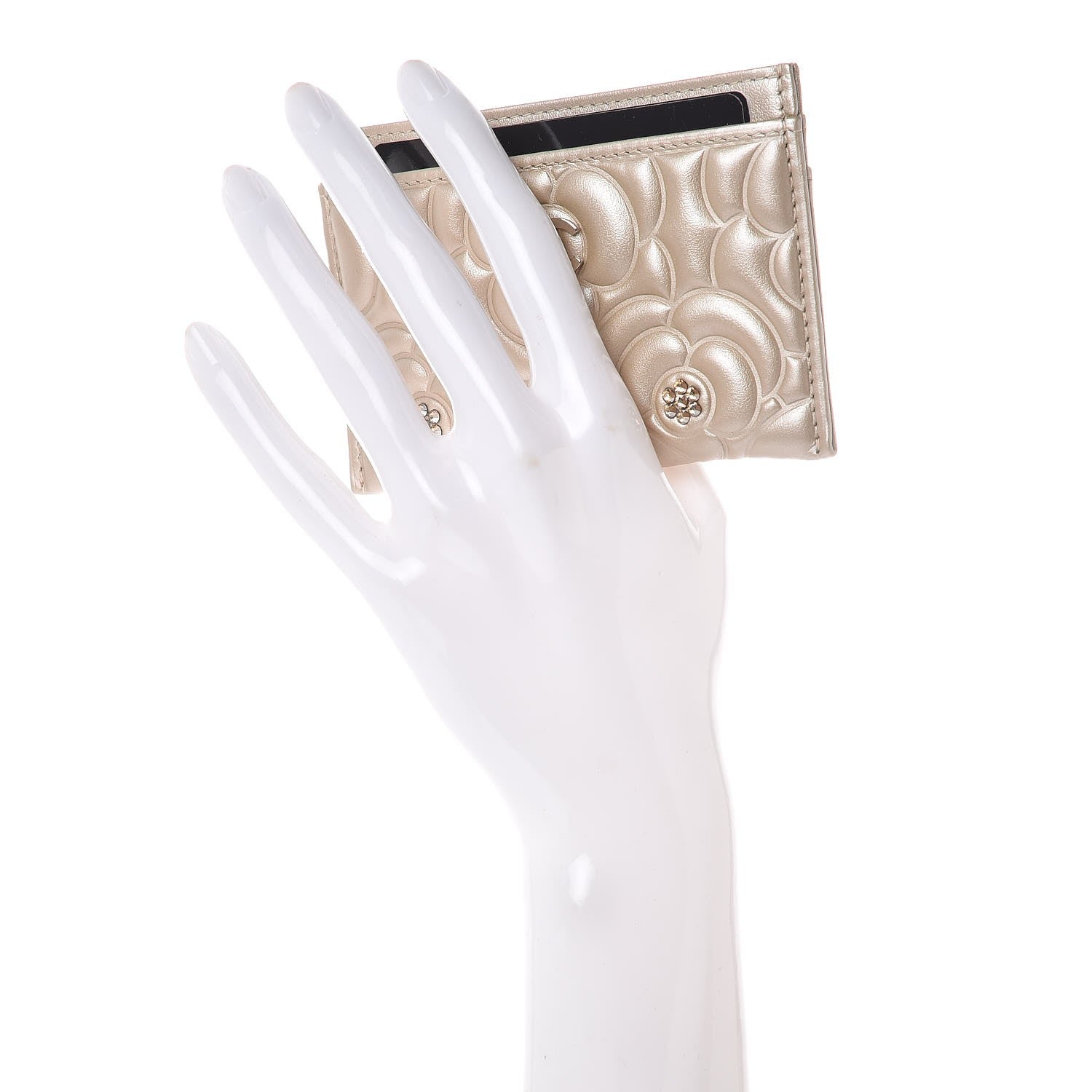 Chanel Metallic Lambskin Crystal Camellia Embossed Card Holder Gold 2 of 8