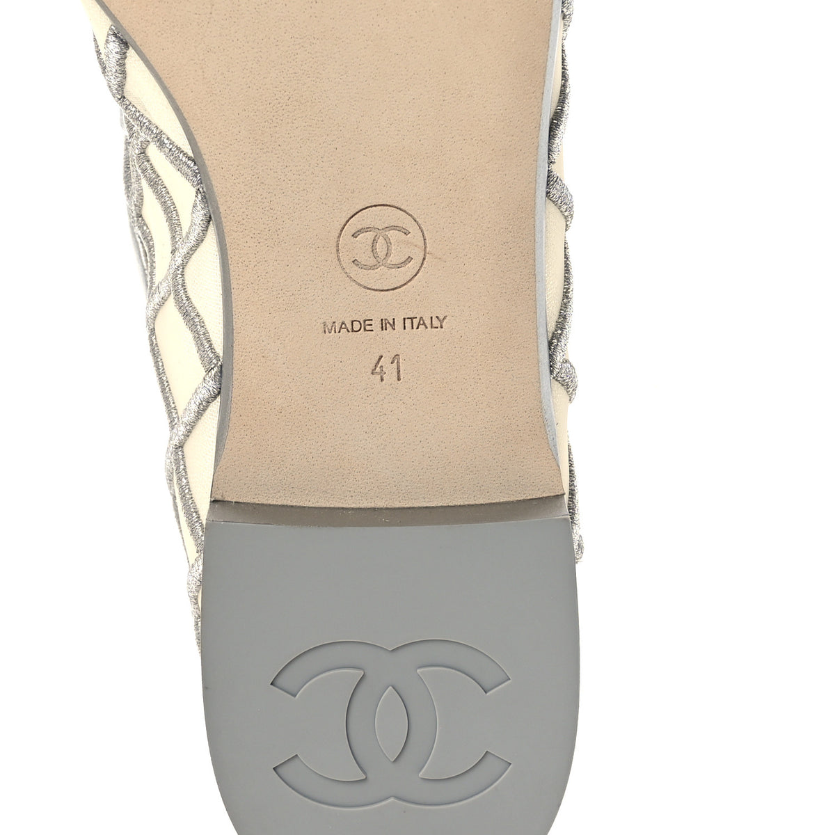 Chanel Laminated Lambskin Mesh Embroidered Quilted Mary Jane Cap Toe Flats  41 Silvered 8 of 9