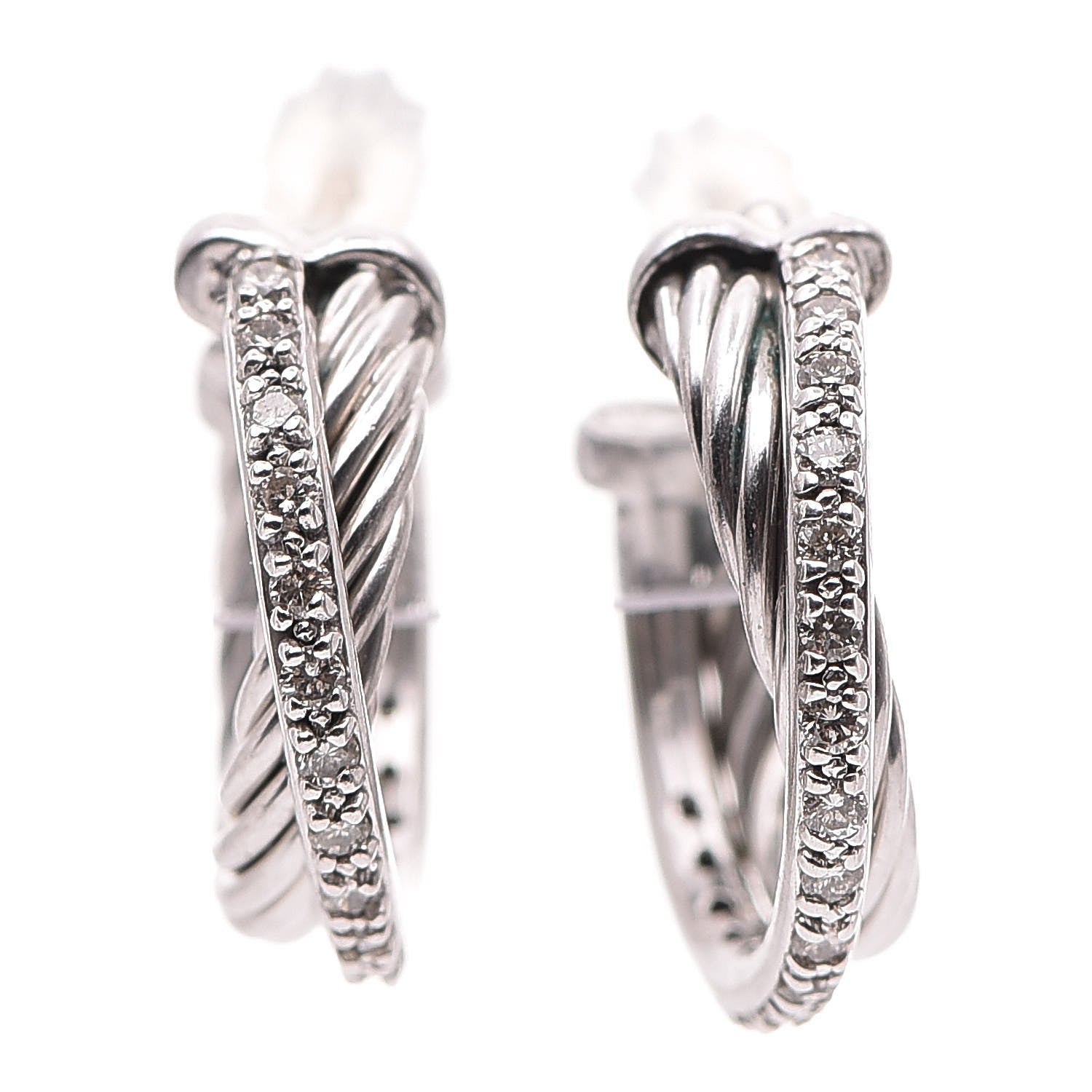 David Yurman Sterling Silver Diamond 18mm Small Crossover Hoop Earrings 1 of 8