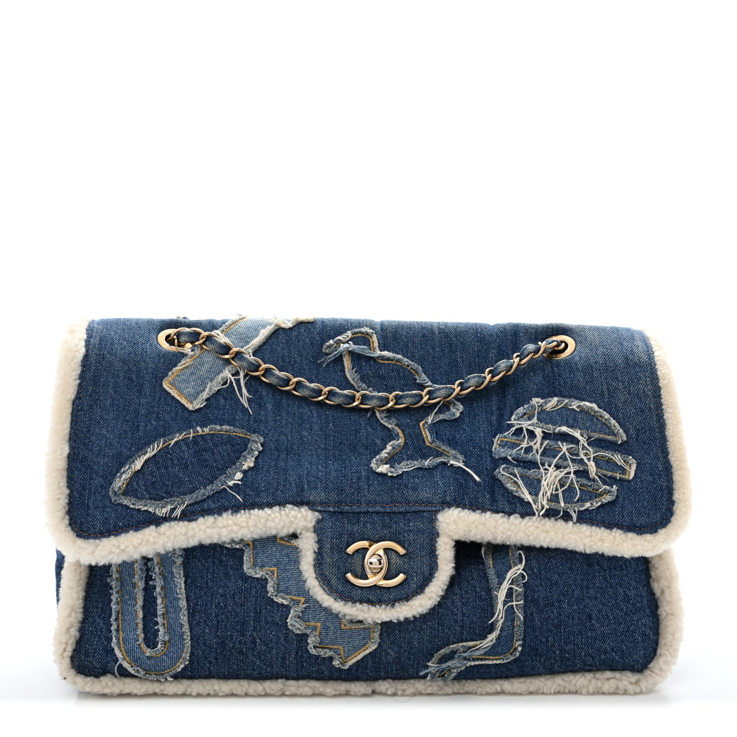 Chanel Denim Shearling Hieroglyph Flap Blue 1 of 13
