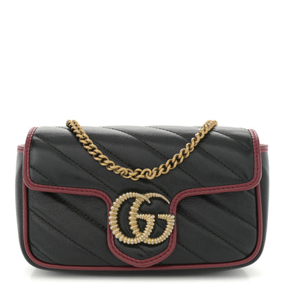 Gucci Vintage Effect Calfskin Matelasse Diagonal Super Mini Torchon GG Marmont Shoulder Bag Black Romantic Cherry 1 of 11