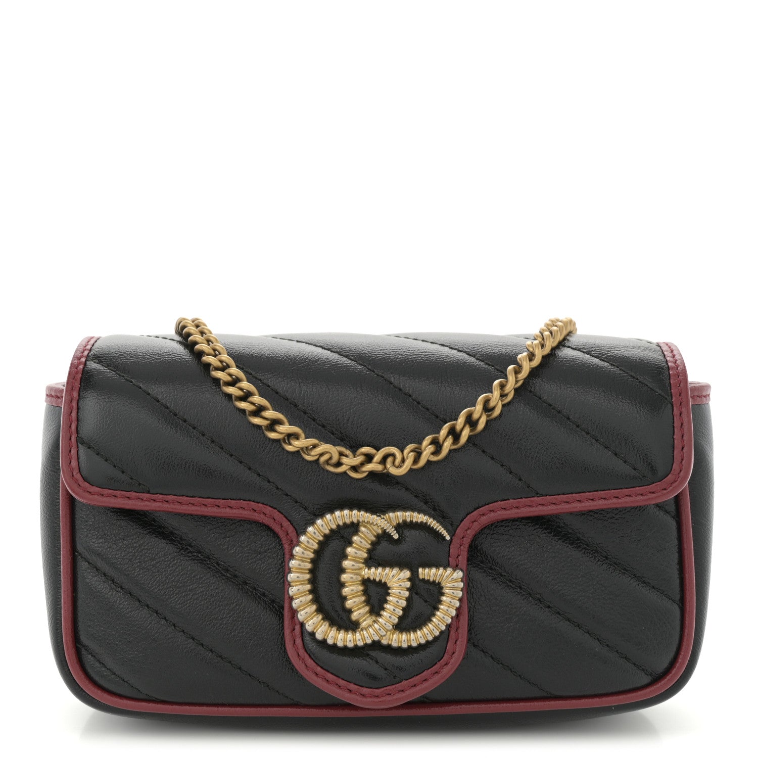 Gucci Vintage Effect Calfskin Matelasse Diagonal Super Mini Torchon GG Marmont Shoulder Bag Black Romantic Cherry 1 of 10